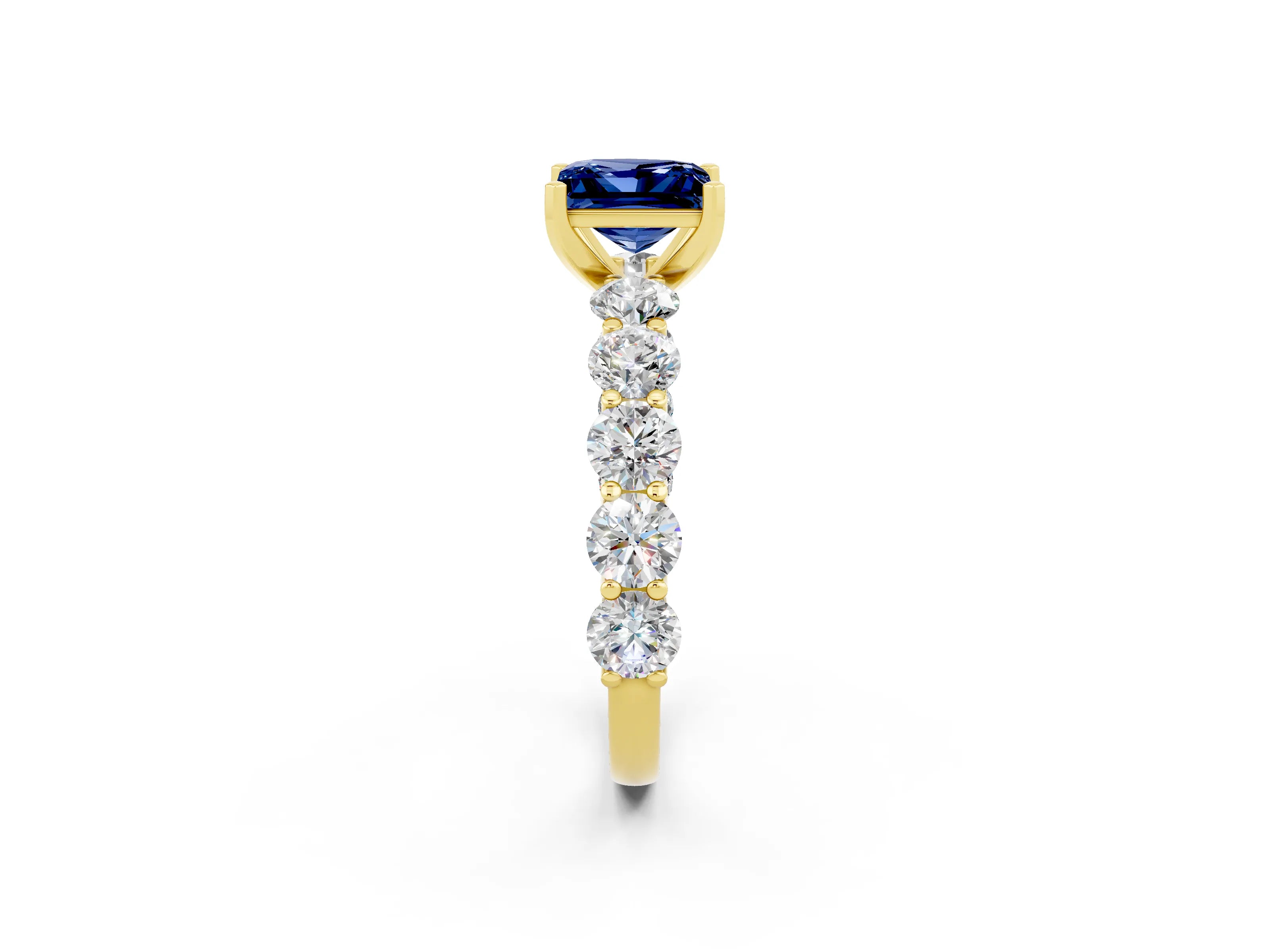 Yellow gold Princess Cut Blue Sapphire Prong Setting with Side Stones on a Pave Band_2