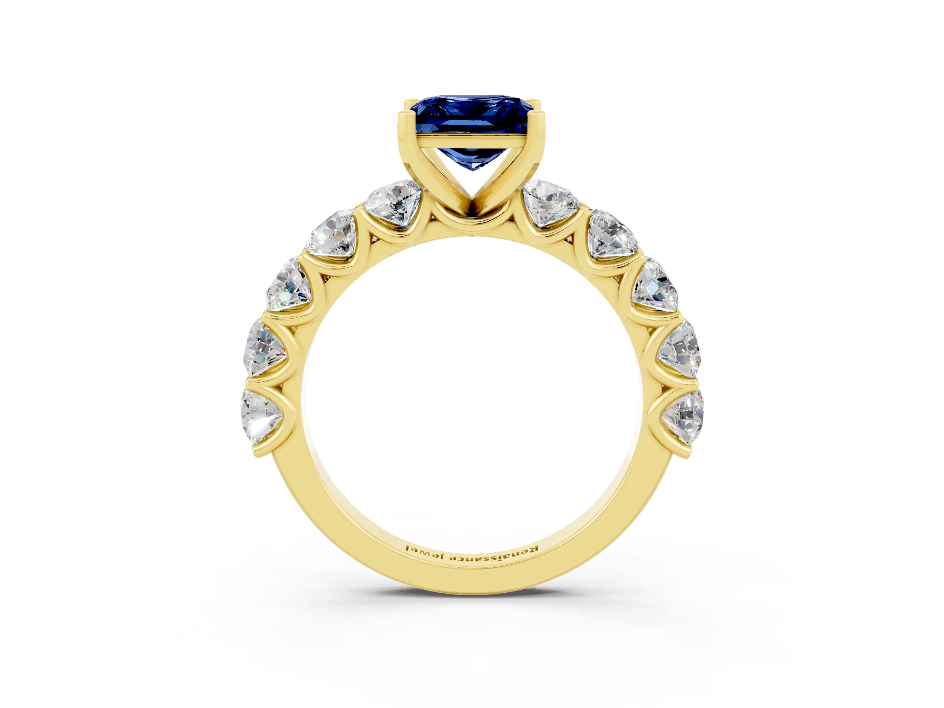 Yellow gold Princess Cut Blue Sapphire Prong Setting with Side Stones on a Pave Band_3