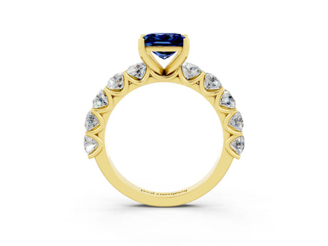 Yellow gold Princess Cut Blue Sapphire Prong Setting with Side Stones on a Pave Band_3