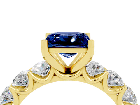 Yellow gold Princess Cut Blue Sapphire Prong Setting with Side Stones on a Pave Band_4
