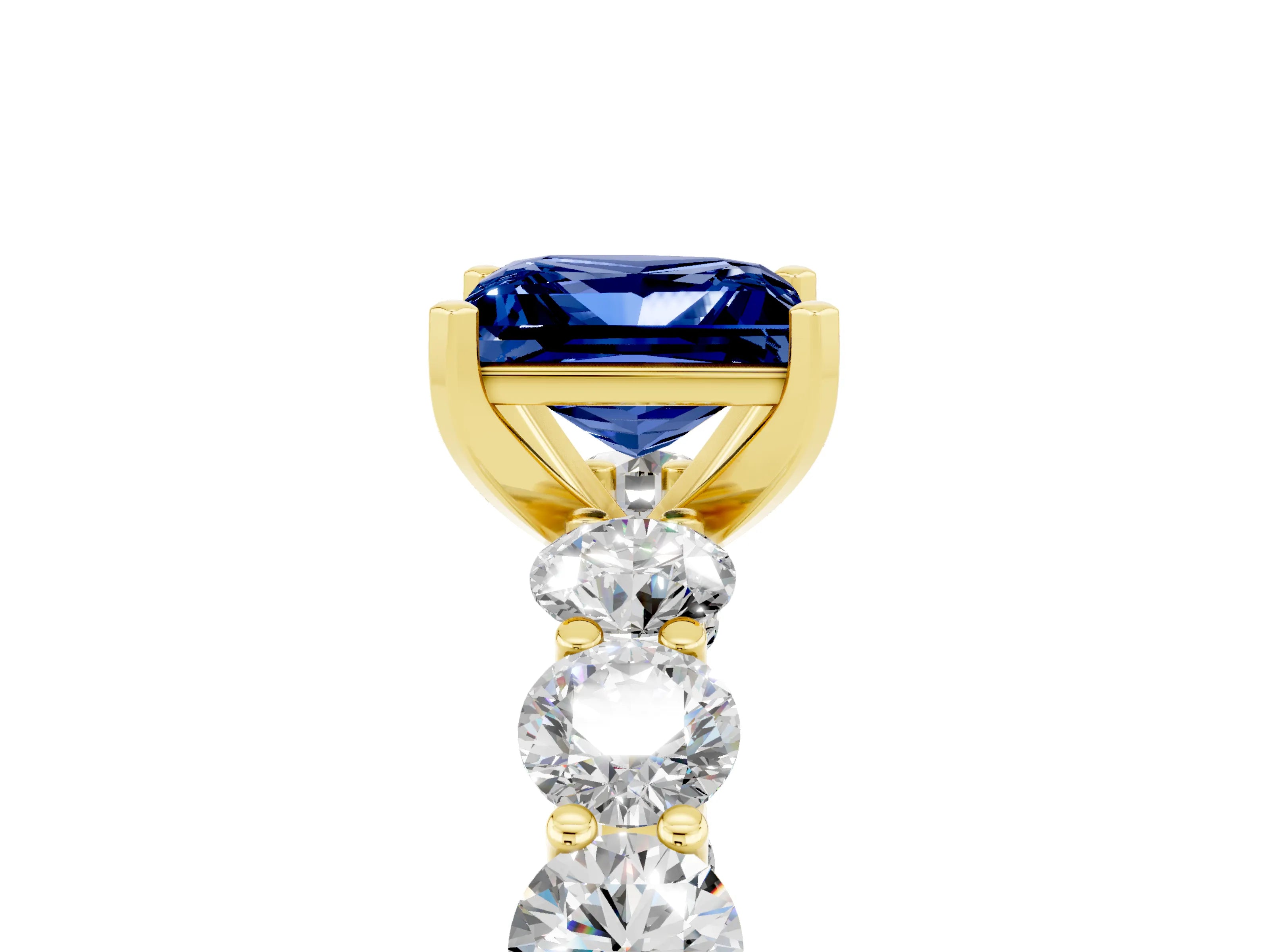 Yellow gold Princess Cut Blue Sapphire Prong Setting with Side Stones on a Pave Band_5