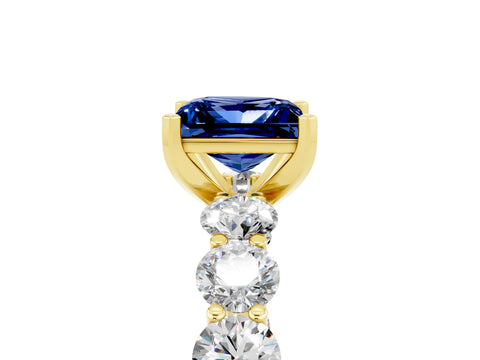 Yellow gold Princess Cut Blue Sapphire Prong Setting with Side Stones on a Pave Band_5