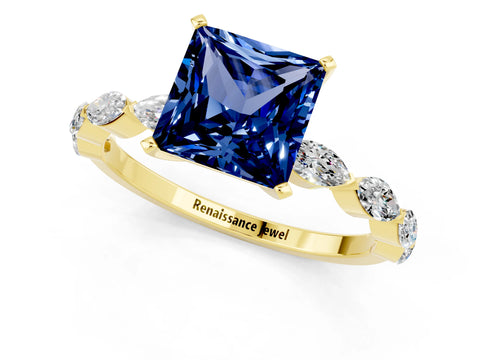 Yellow gold Princess Cut Blue Sapphire Ring with Marquise Side Stones and Prong Setting_1