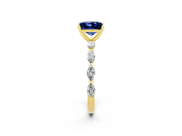 Yellow gold Princess Cut Blue Sapphire Ring with Marquise Side Stones and Prong Setting