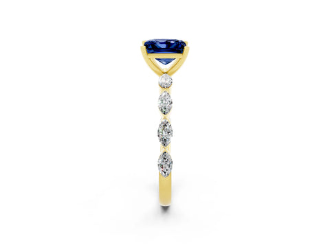 Yellow gold Princess Cut Blue Sapphire Ring with Marquise Side Stones and Prong Setting_2