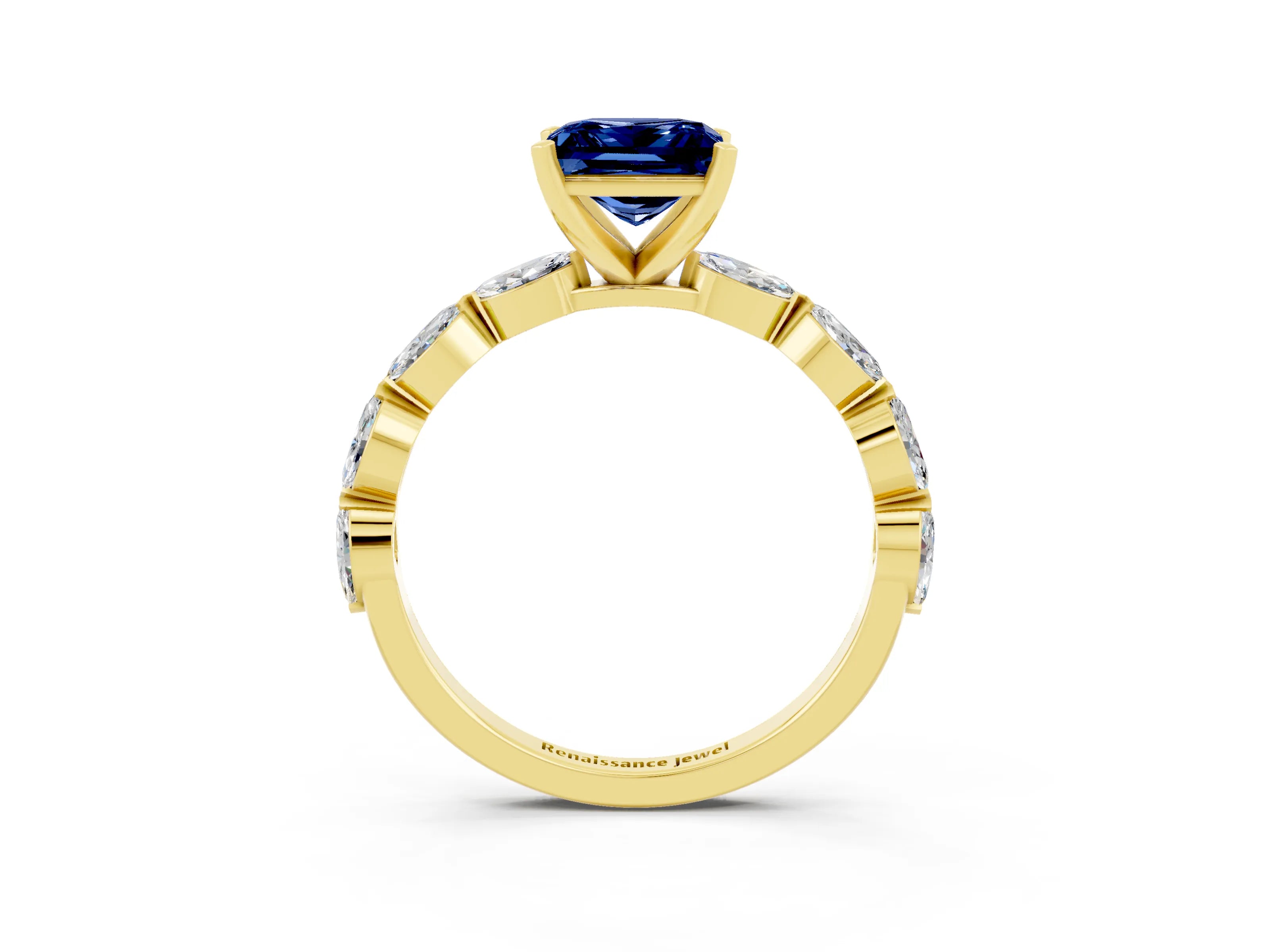 Yellow gold Princess Cut Blue Sapphire Ring with Marquise Side Stones and Prong Setting_3