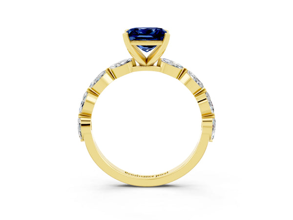 Yellow gold Princess Cut Blue Sapphire Ring with Marquise Side Stones and Prong Setting