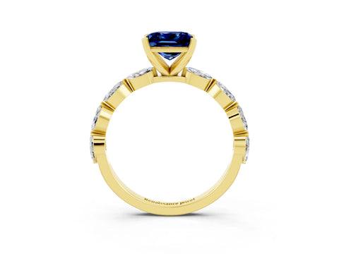 Yellow gold Princess Cut Blue Sapphire Ring with Marquise Side Stones and Prong Setting_3