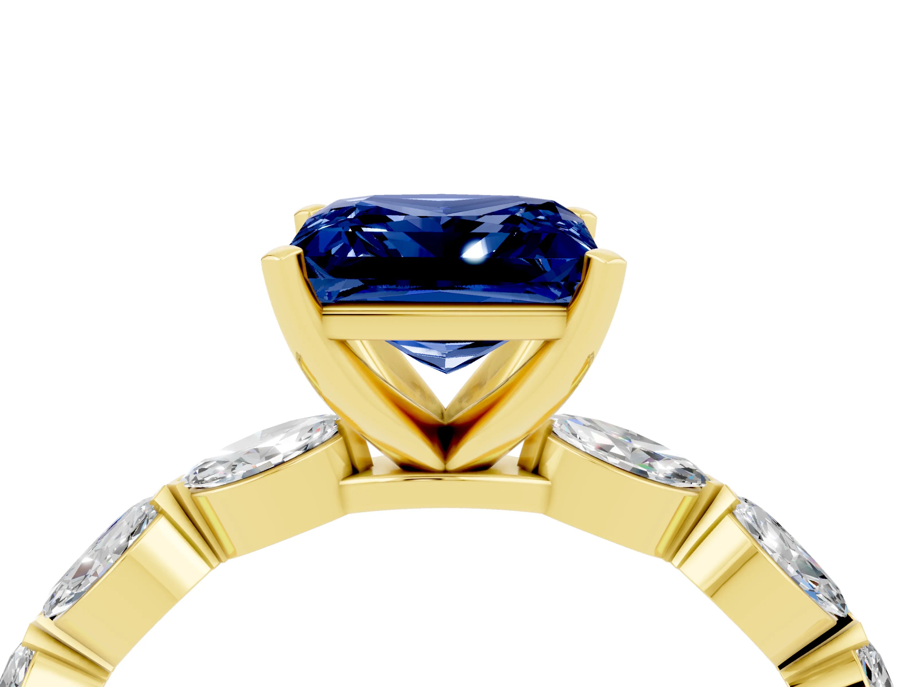 Yellow gold Princess Cut Blue Sapphire Ring with Marquise Side Stones and Prong Setting_4