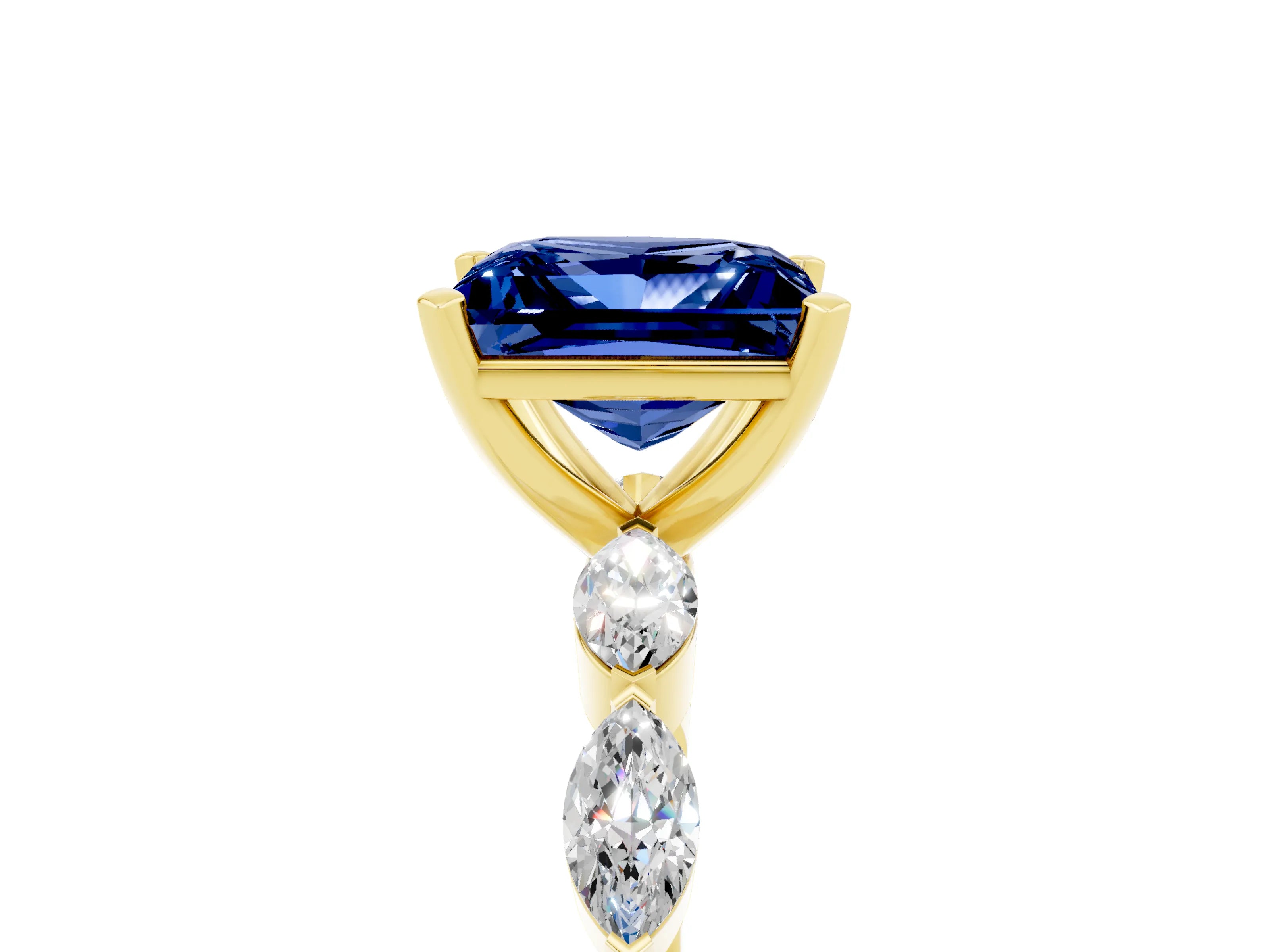 Yellow gold Princess Cut Blue Sapphire Ring with Marquise Side Stones and Prong Setting_5