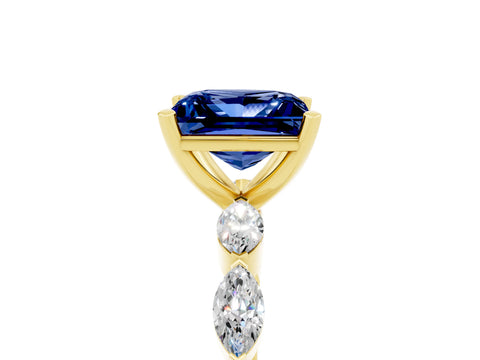 Yellow gold Princess Cut Blue Sapphire Ring with Marquise Side Stones and Prong Setting_5