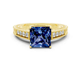 Yellow gold Princess Cut Blue Sapphire Ring with Milgrain Pavé Band and Four-Prong Setting_12