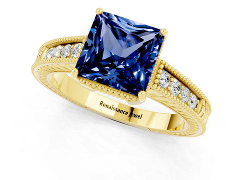 Yellow gold Princess Cut Blue Sapphire Ring with Milgrain Pavé Band and Four-Prong Setting_13