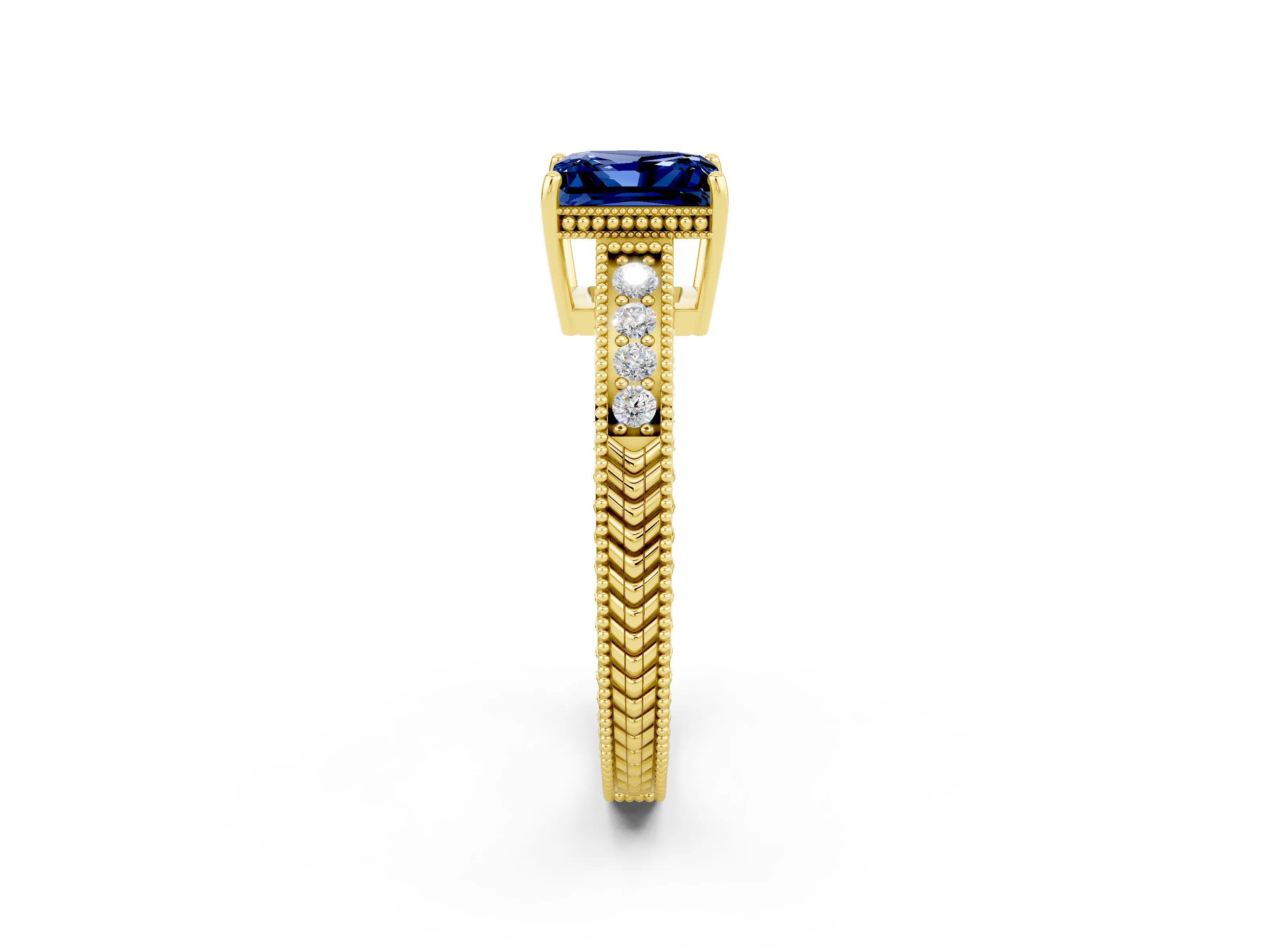 Yellow gold Princess Cut Blue Sapphire Ring with Milgrain Pavé Band and Four-Prong Setting_14