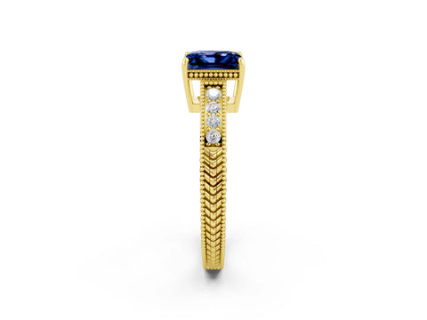 Yellow gold Princess Cut Blue Sapphire Ring with Milgrain Pavé Band and Four-Prong Setting_14