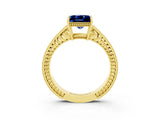 Yellow gold Princess Cut Blue Sapphire Ring with Milgrain Pavé Band and Four-Prong Setting_15