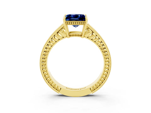 Yellow gold Princess Cut Blue Sapphire Ring with Milgrain Pavé Band and Four-Prong Setting_15