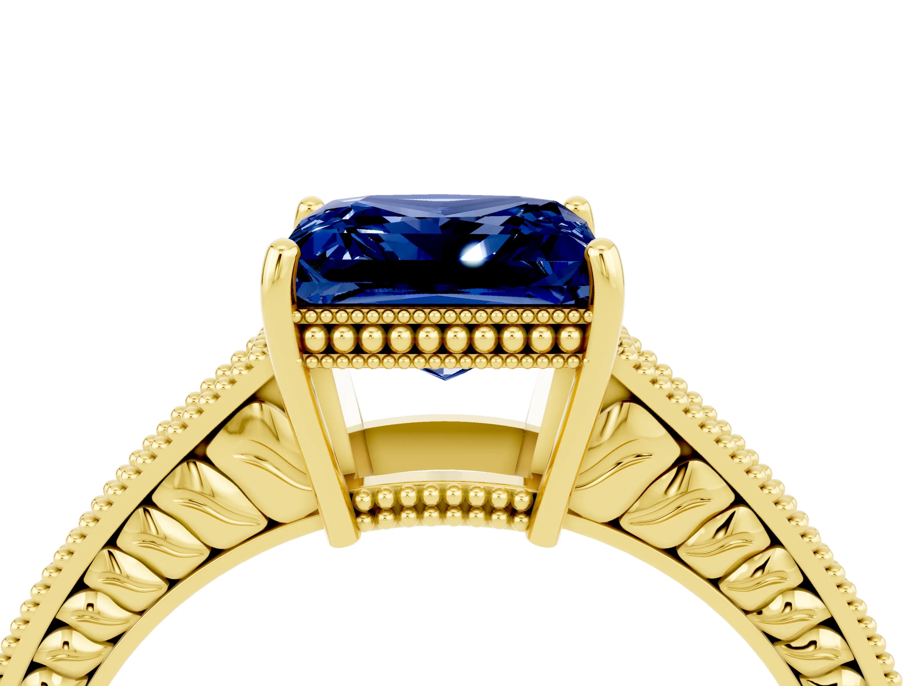 Yellow gold Princess Cut Blue Sapphire Ring with Milgrain Pavé Band and Four-Prong Setting_16