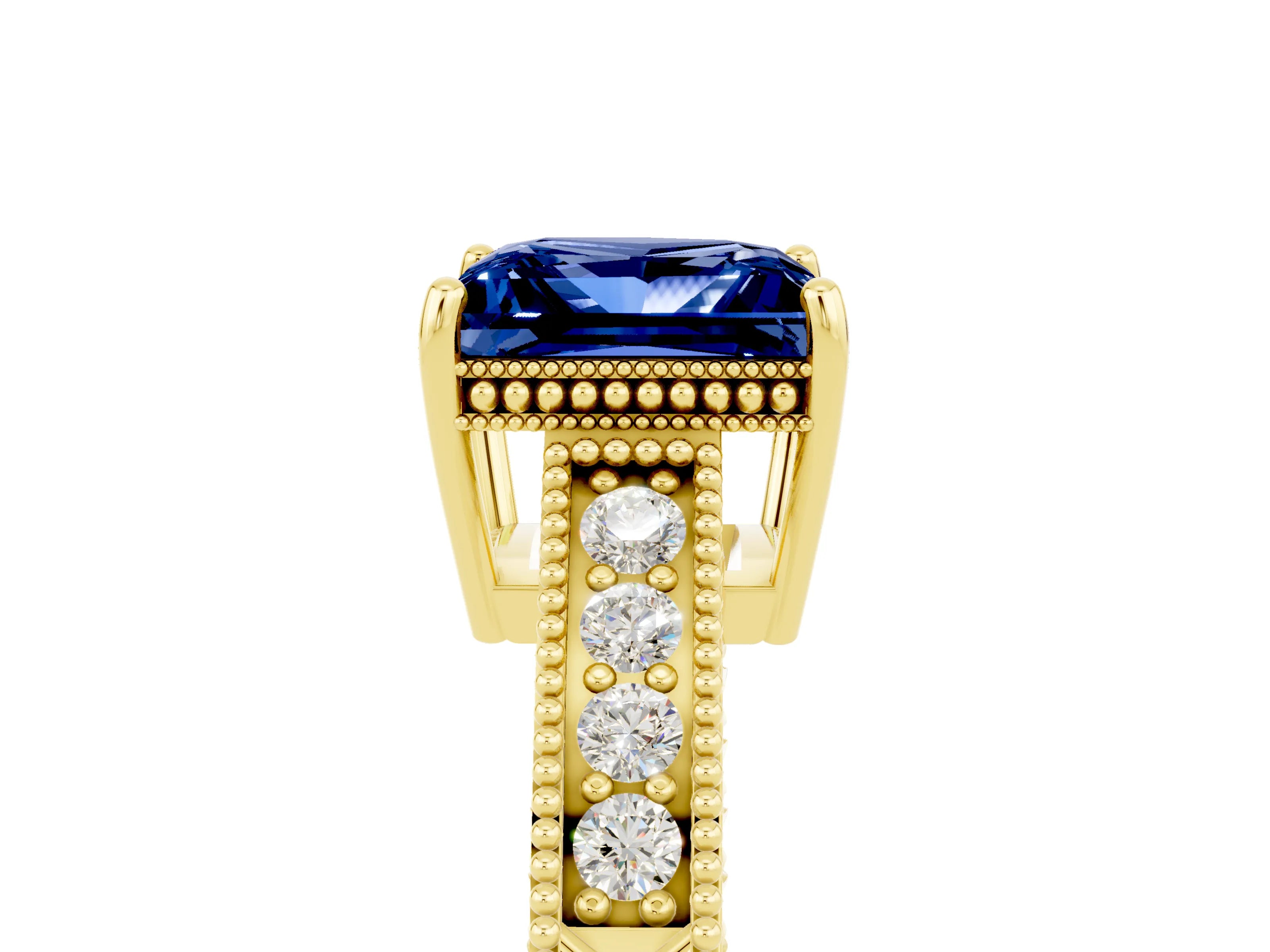 Yellow gold Princess Cut Blue Sapphire Ring with Milgrain Pavé Band and Four-Prong Setting_17