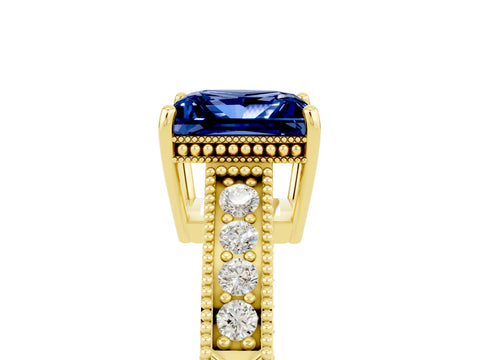 Yellow gold Princess Cut Blue Sapphire Ring with Milgrain Pavé Band and Four-Prong Setting_17