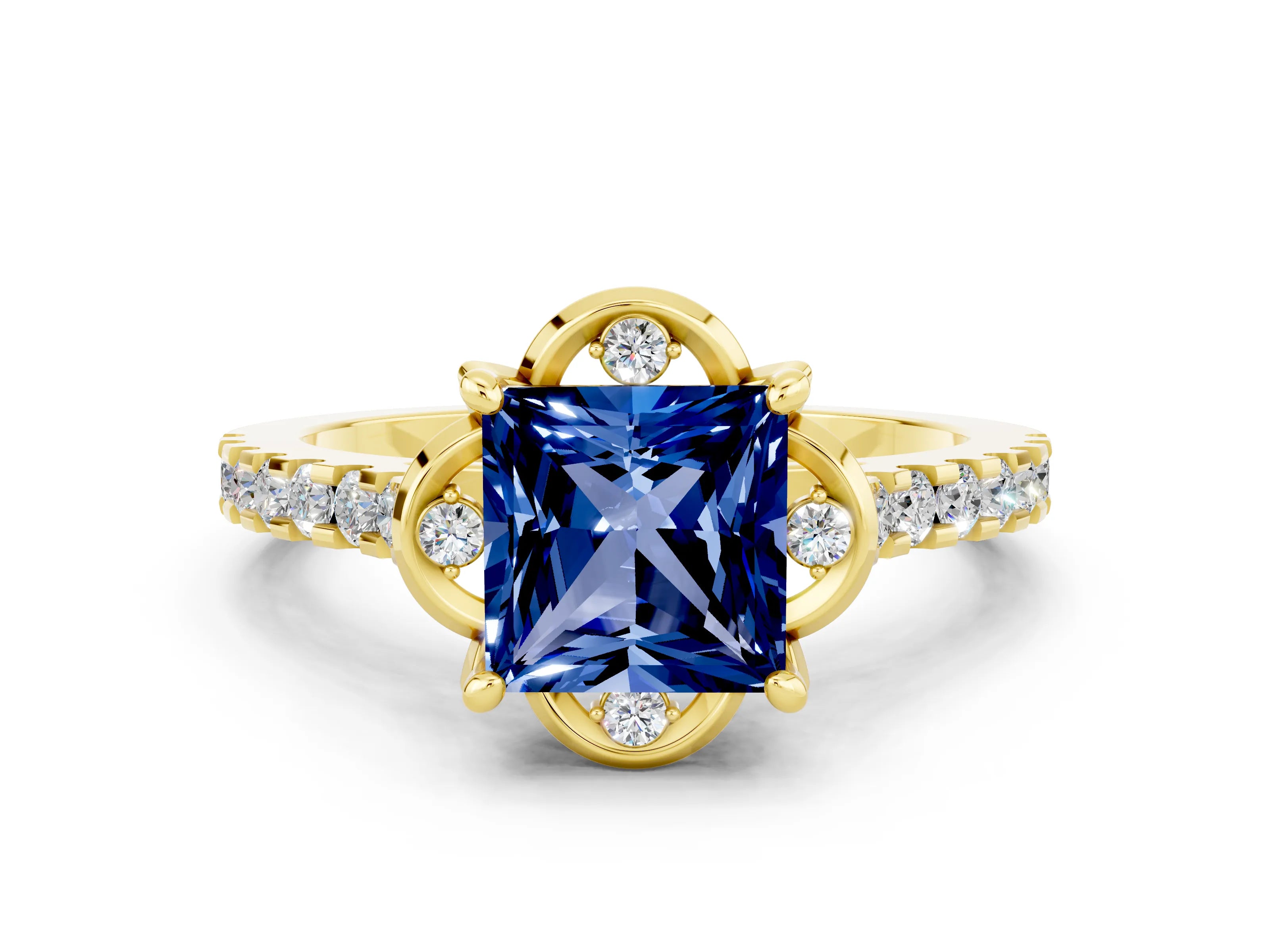 Yellow gold Princess Cut Blue Sapphire Ring with Pavé Band and Floral Prong Setting