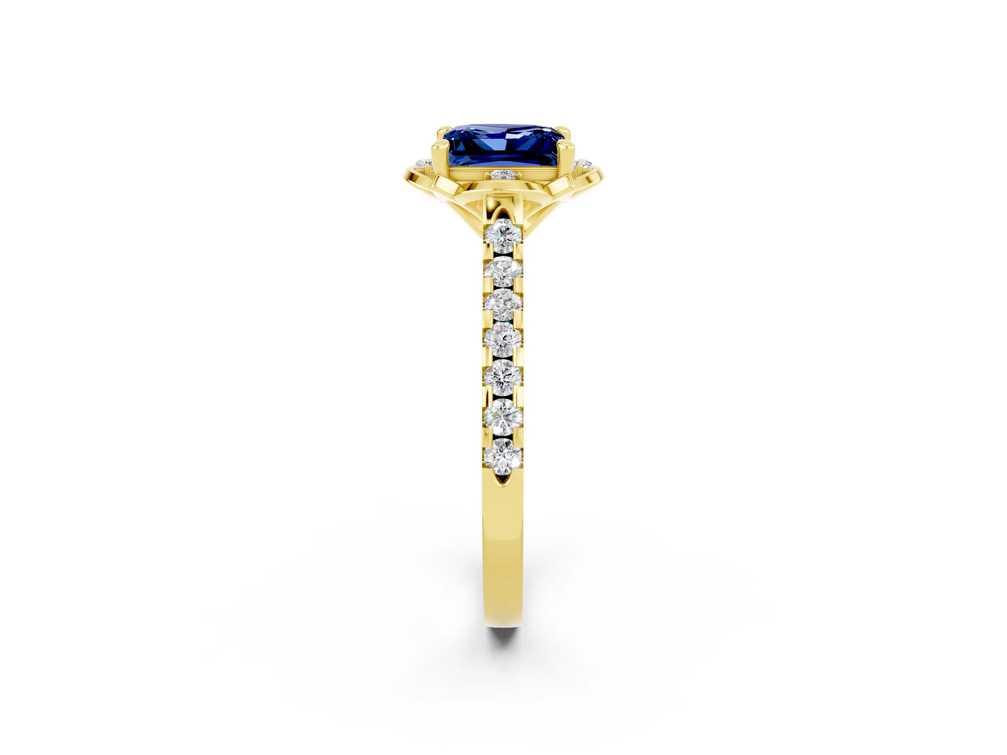 Yellow gold Princess Cut Blue Sapphire Ring with Pavé Band and Floral Prong Setting_2