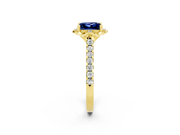Yellow gold Princess Cut Blue Sapphire Ring with Pavé Band and Floral Prong Setting