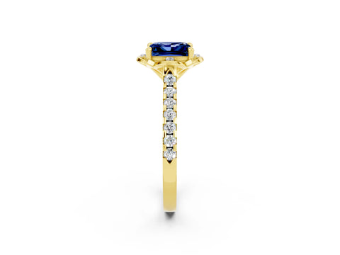 Yellow gold Princess Cut Blue Sapphire Ring with Pavé Band and Floral Prong Setting_2