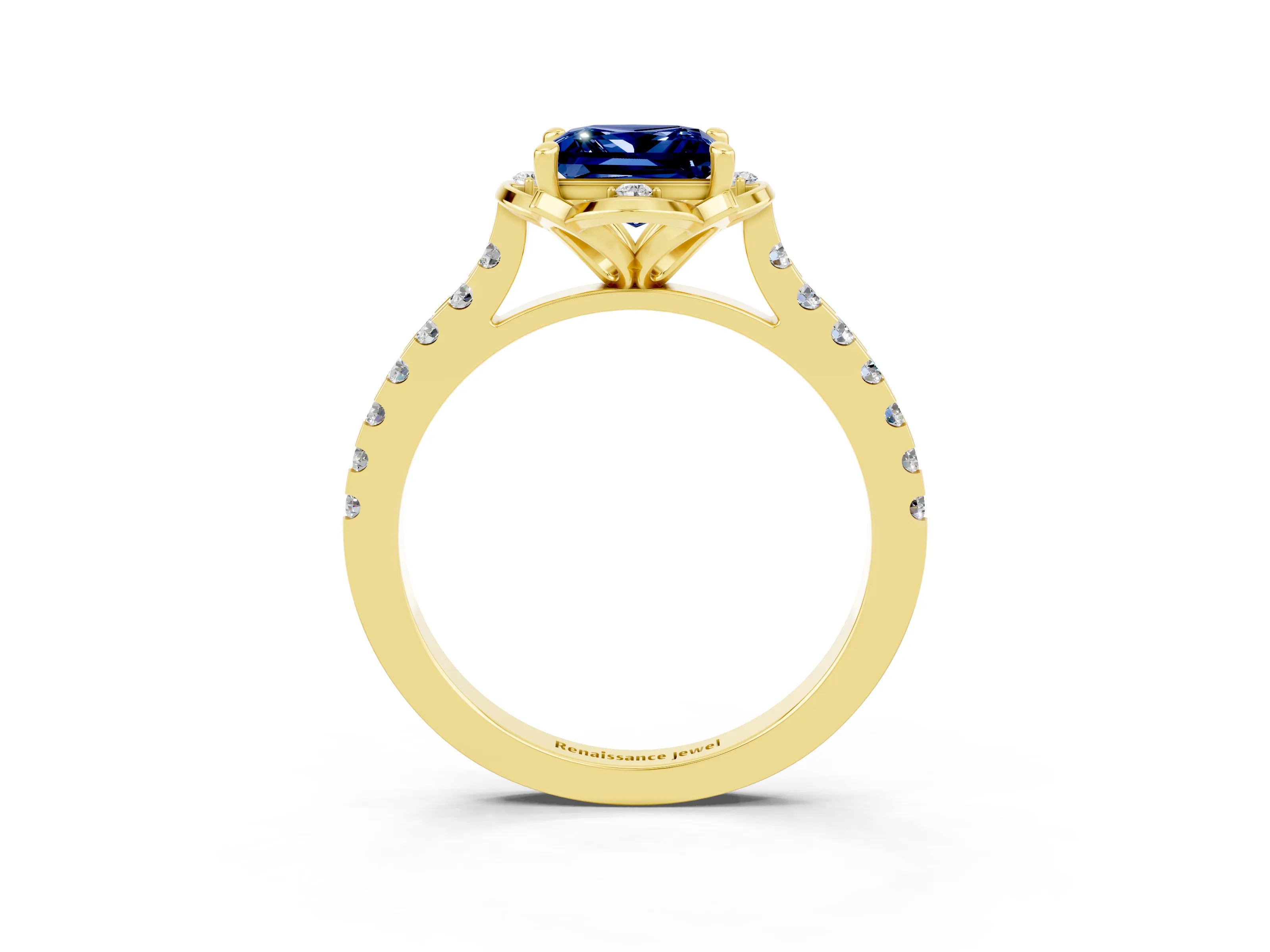 Yellow gold Princess Cut Blue Sapphire Ring with Pavé Band and Floral Prong Setting_3