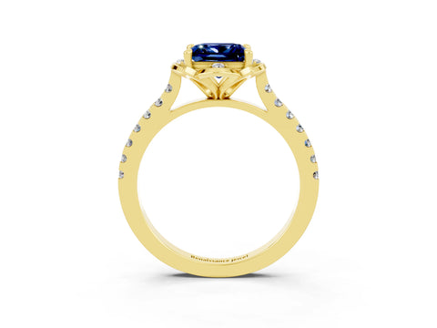 Yellow gold Princess Cut Blue Sapphire Ring with Pavé Band and Floral Prong Setting_3