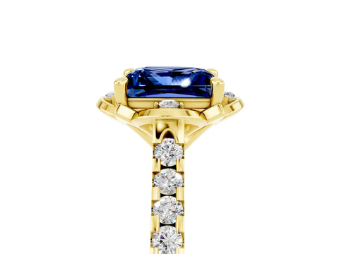 Yellow gold Princess Cut Blue Sapphire Ring with Pavé Band and Floral Prong Setting_5