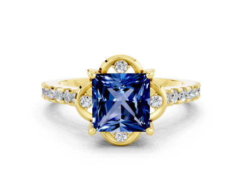 Yellow gold Princess Cut Blue Sapphire Ring with Pavé Band and Floral Prong Setting