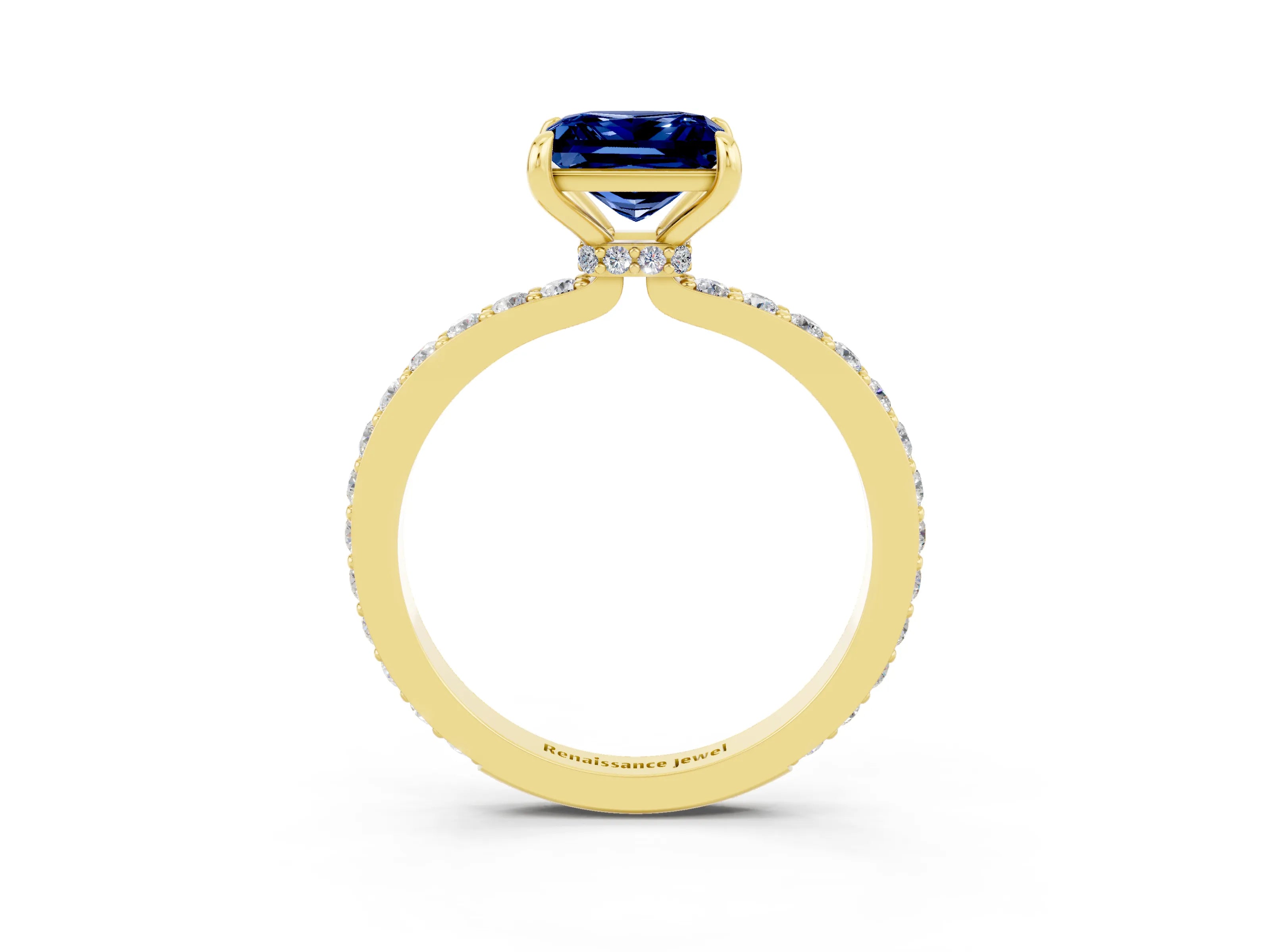 Yellow gold Princess Cut Blue Sapphire Ring with Pavé Band and Four-Prong Setting_3
