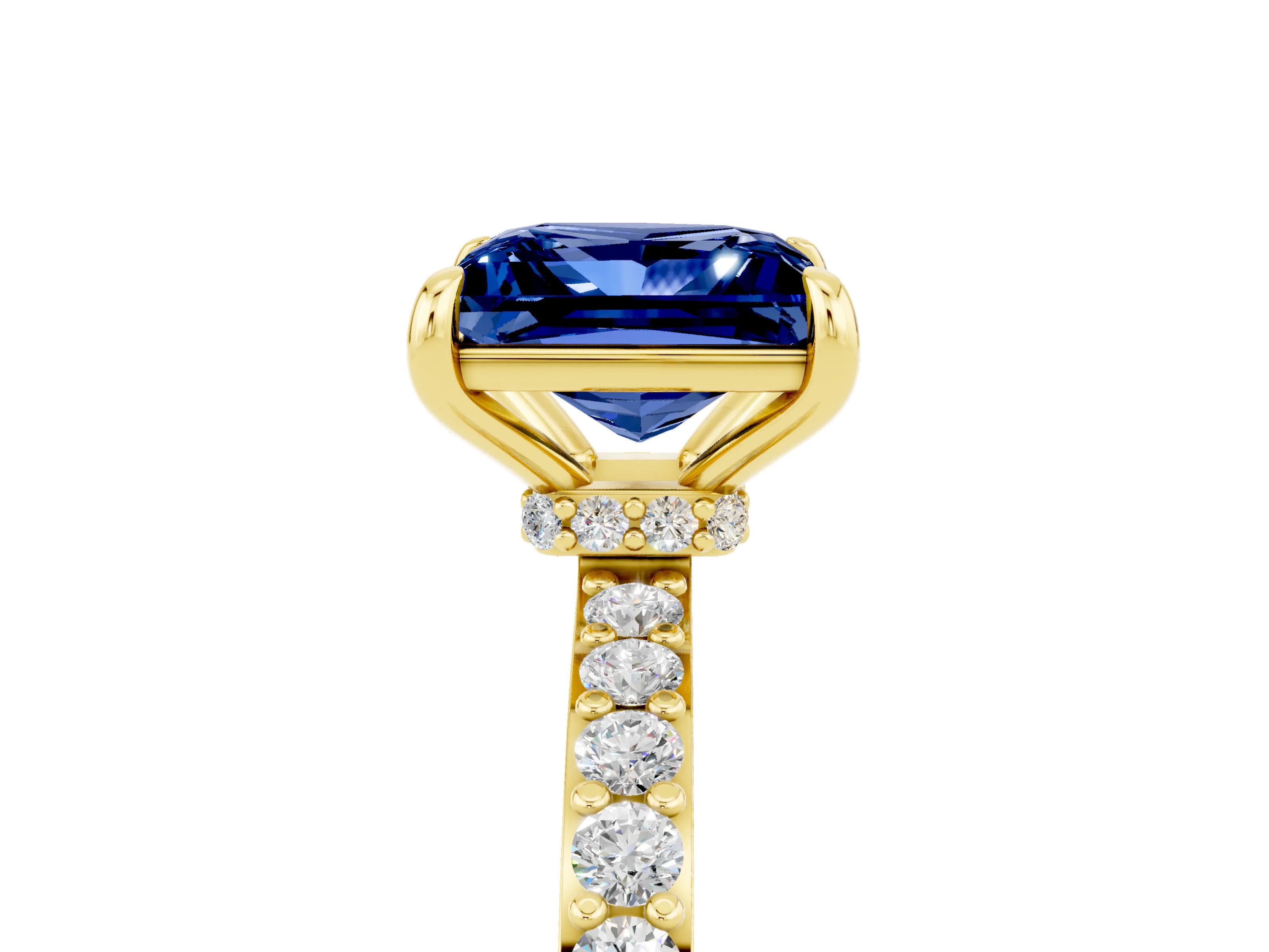 Yellow gold Princess Cut Blue Sapphire Ring with Pavé Band and Four-Prong Setting_5