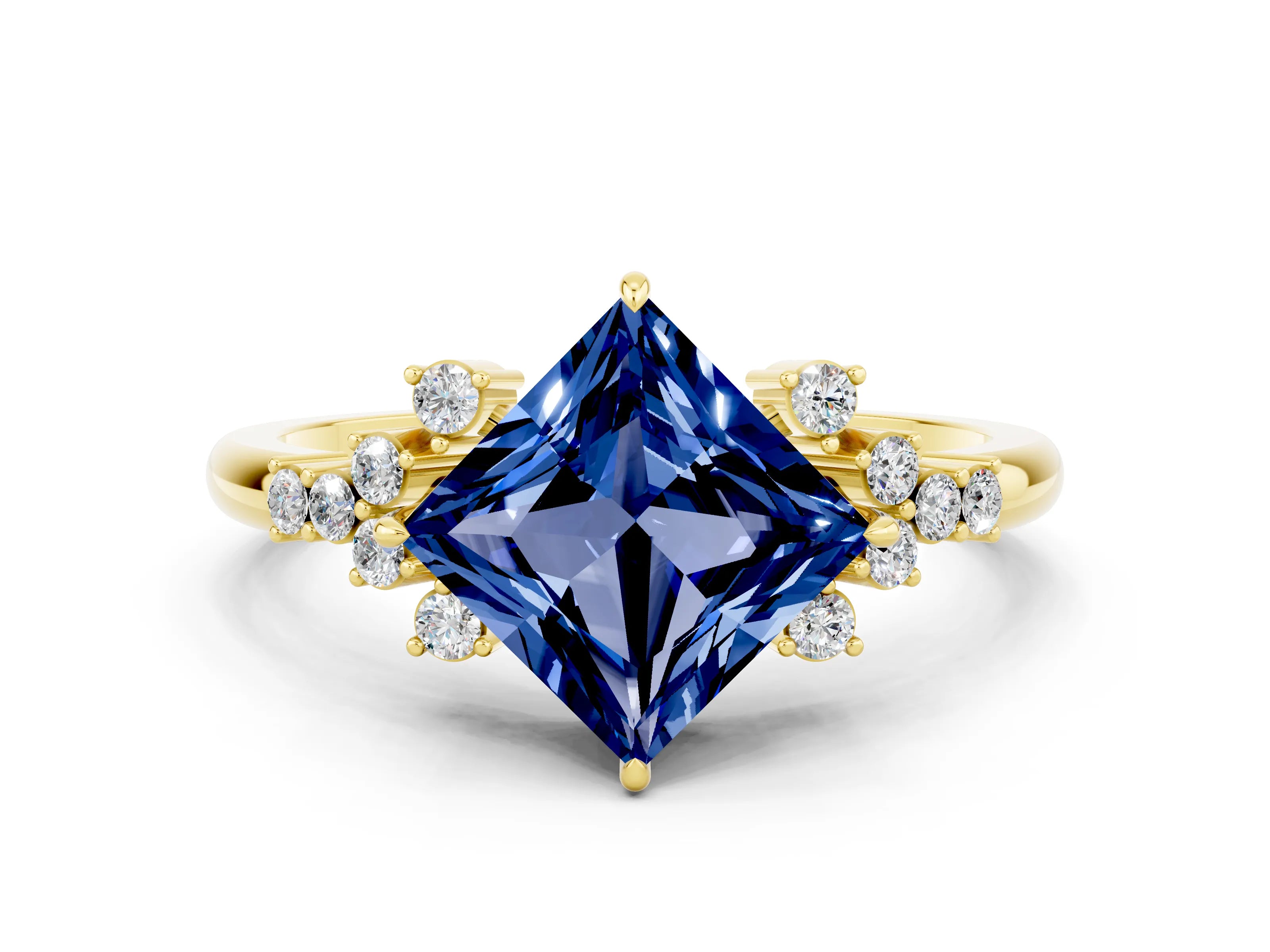 Yellow gold Princess Cut Blue Sapphire Ring with Side Stones and Four-Prong Setting_36