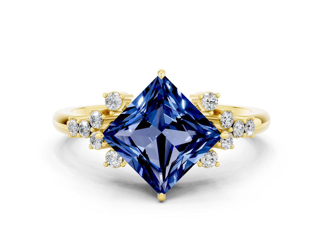 Yellow gold Princess Cut Blue Sapphire Ring with Side Stones and Four-Prong Setting_36