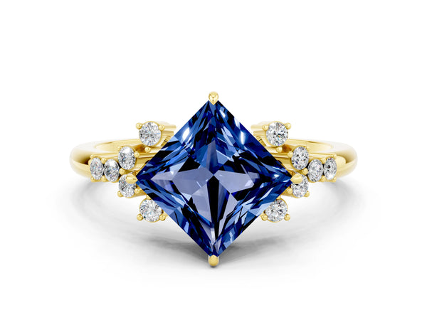 Yellow gold Princess Cut Blue Sapphire Ring with Side Stones and Four-Prong Setting