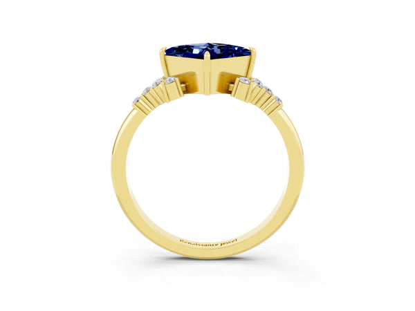 Yellow gold Princess Cut Blue Sapphire Ring with Side Stones and Four-Prong Setting