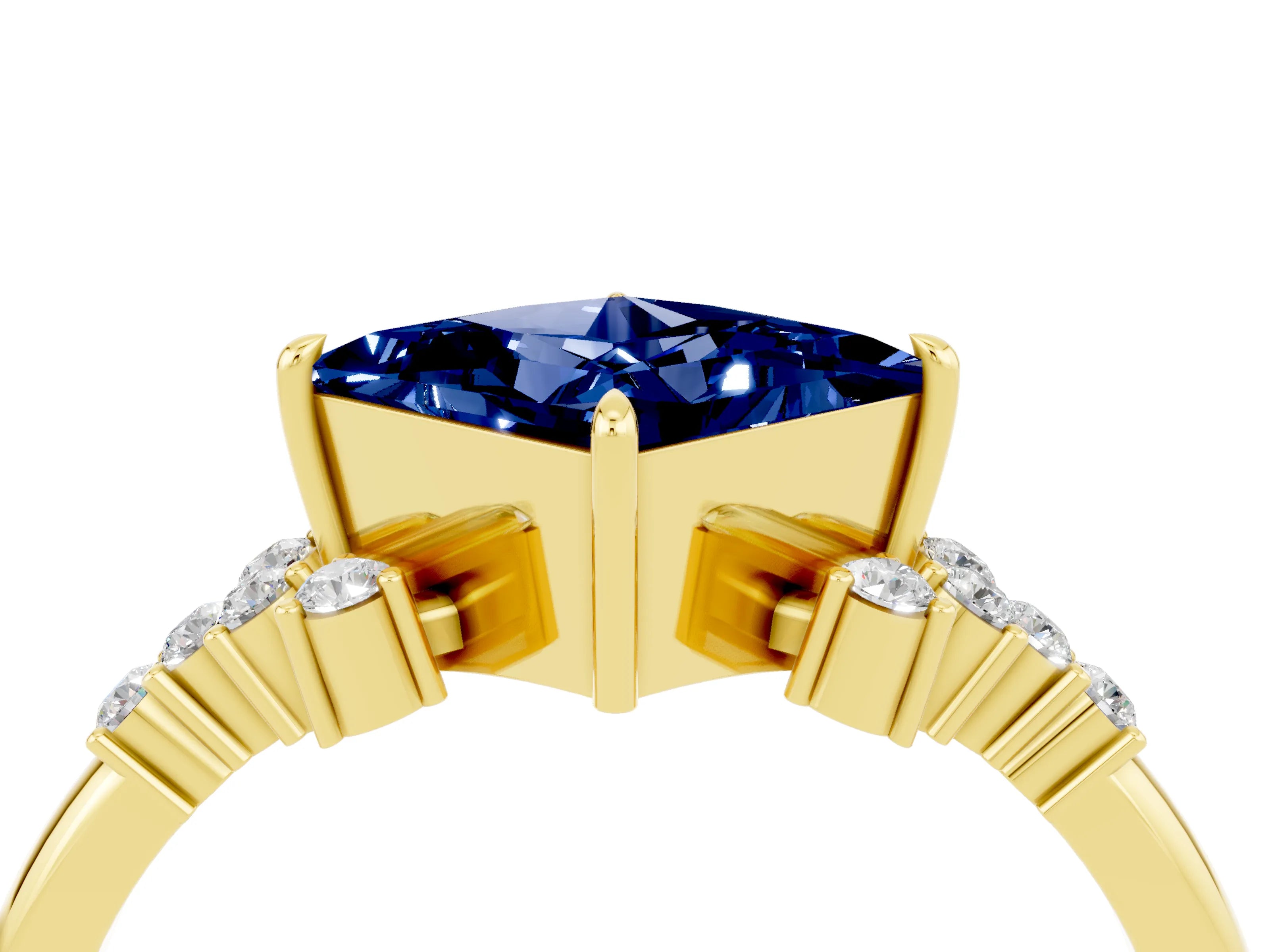 Yellow gold Princess Cut Blue Sapphire Ring with Side Stones and Four-Prong Setting_40