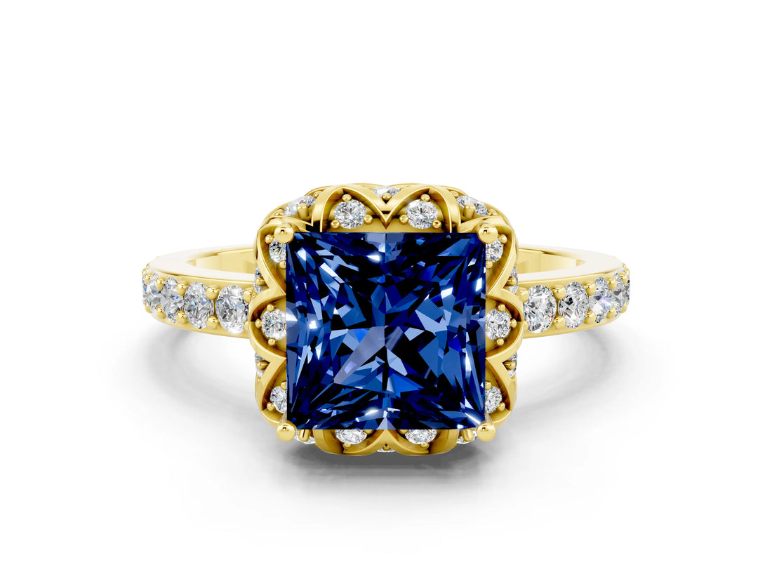 Yellow gold Princess Cut Blue Sapphire Scalloped Halo Engagement Ring with Round Shared Prong Band_12
