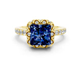 Yellow gold Princess Cut Blue Sapphire Scalloped Halo Engagement Ring with Round Shared Prong Band_12