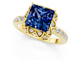 Yellow gold Princess Cut Blue Sapphire Scalloped Halo Engagement Ring with Round Shared Prong Band_13