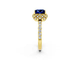 Yellow gold Princess Cut Blue Sapphire Scalloped Halo Engagement Ring with Round Shared Prong Band_14