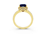 Yellow gold Princess Cut Blue Sapphire Scalloped Halo Engagement Ring with Round Shared Prong Band_15