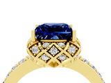 Yellow gold Princess Cut Blue Sapphire Scalloped Halo Engagement Ring with Round Shared Prong Band_16