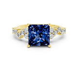 Yellow gold Princess Cut Blue Sapphire Scattered Round Accent Ring with Prong Setting_28