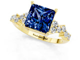 Yellow gold Princess Cut Blue Sapphire Scattered Round Accent Ring with Prong Setting_29