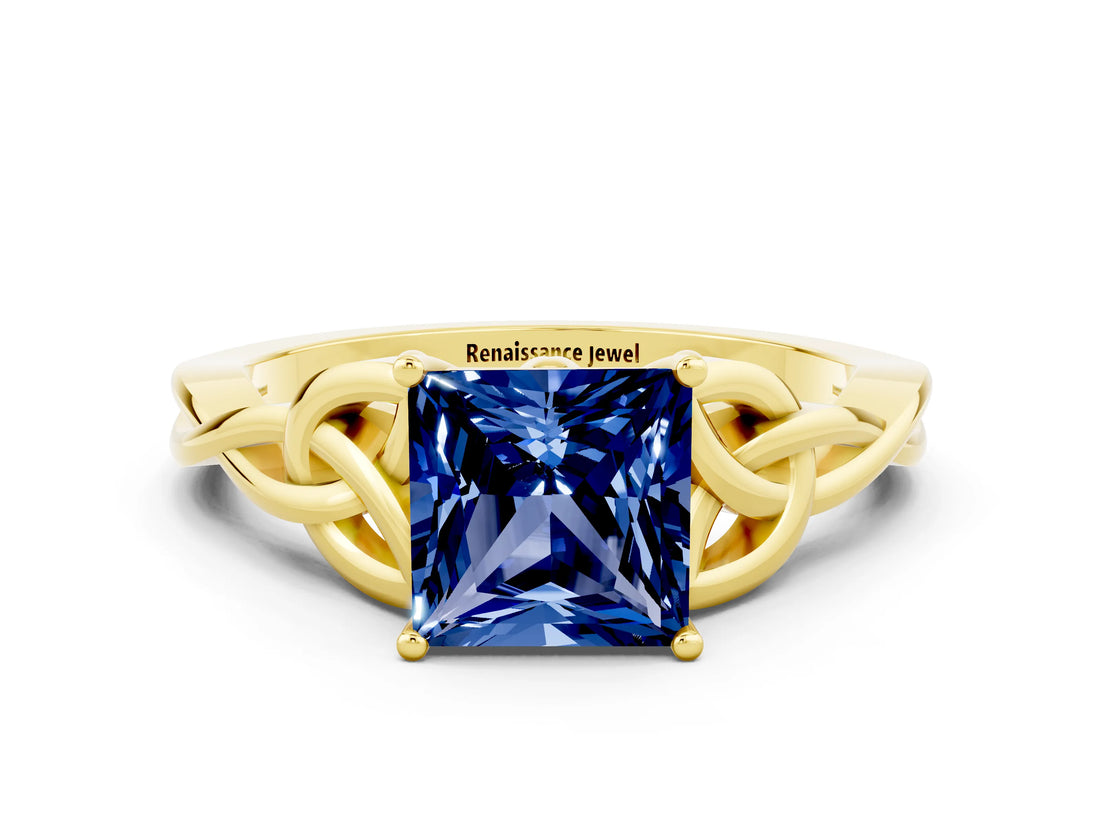 Yellow gold Princess Cut Blue Sapphire Solitaire Celtic Knot Ring with Four-Prong Setting_12