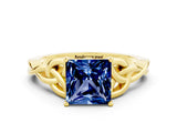 Yellow gold Princess Cut Blue Sapphire Solitaire Celtic Knot Ring with Four-Prong Setting_12