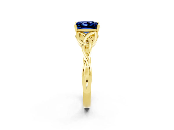 Yellow gold Princess Cut Blue Sapphire Solitaire Celtic Knot Ring with Four-Prong Setting